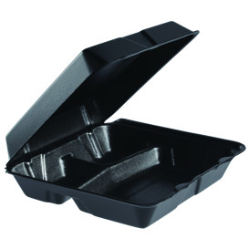 Schuim lunch doos 3 Compartmenten Verwijderbare Deksel zwart 2,40x2,35cm (100 stuks) 