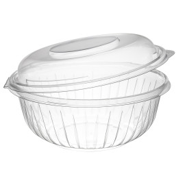 Plastic scharnierende Saladekom PET"Presentatiekom" hoog koepel Deksel 950ml (75 stuks) 