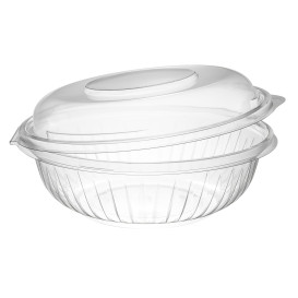Plastic scharnierende Saladekom PET"Presentatiekom" hoog koepel Deksel 710ml (150 stuks)