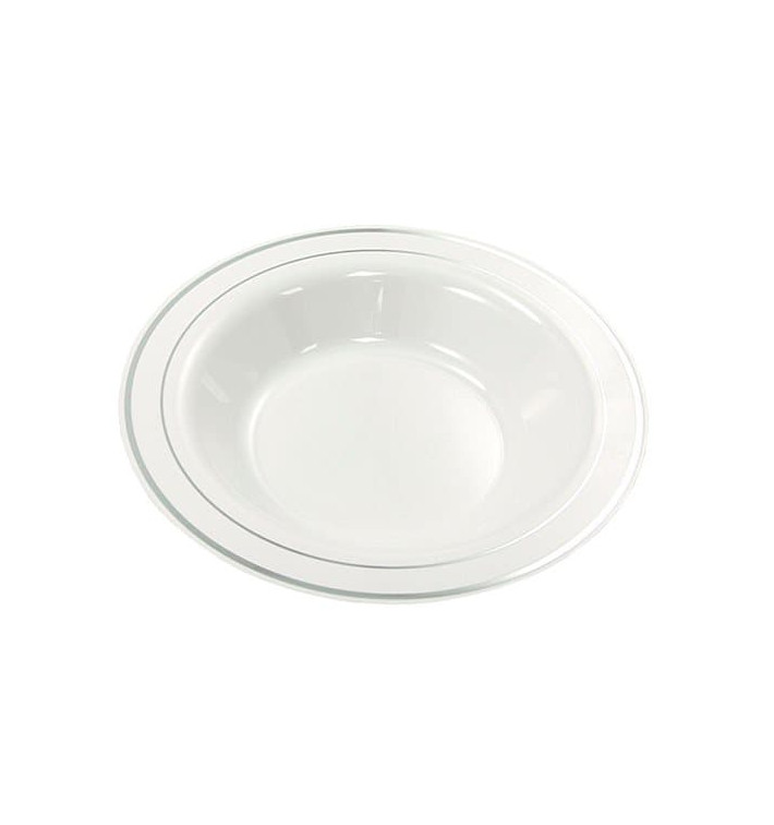 Plastic bord Extra stijf Diep met border zilver 23cm (20 stuks) Plastic bord Extra stijf Diep met border zilver 23cm (20 stuks)