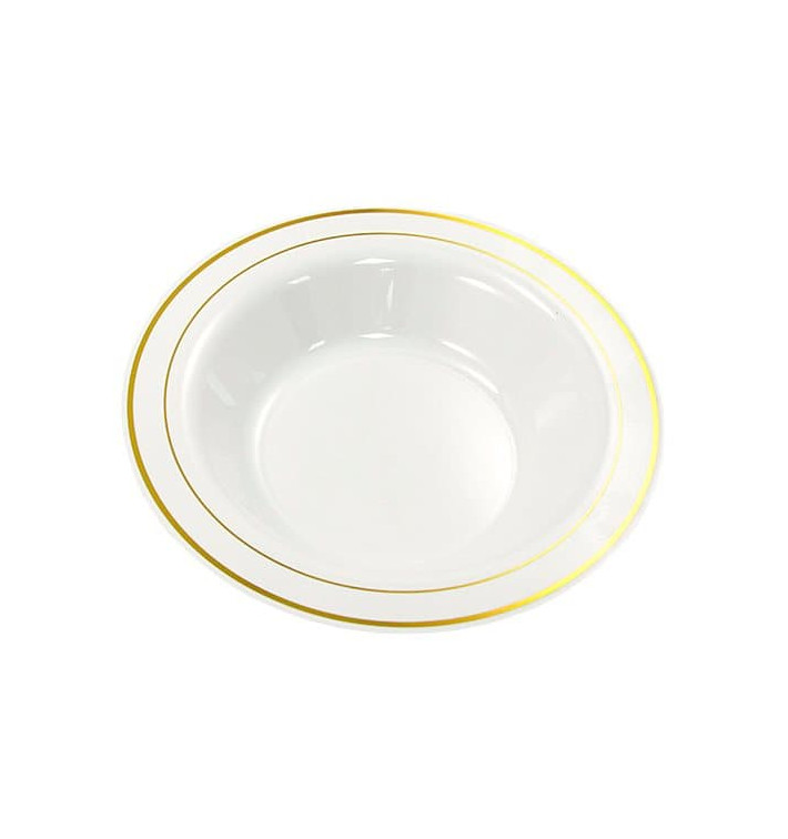 Plastic bord Extra stijf Diep met border goud 23cm (20 stuks) Plastic bord Extra stijf Diep met border goud 23cm (20 stuks)