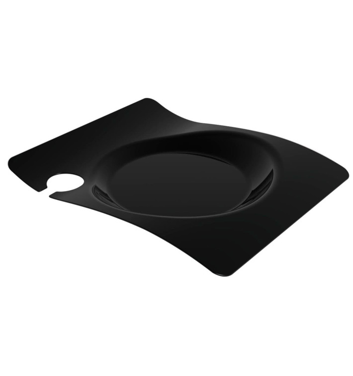 Plastic bord met glas houder PS "voorma" zwart 22x18 cm (180 stuks) Plastic bord met glas houder PS "voorma" zwart 22x18 cm (180 stuks)