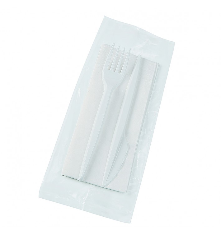 Plastic PS bestekset vork, mes en servet wit (250 stuks)