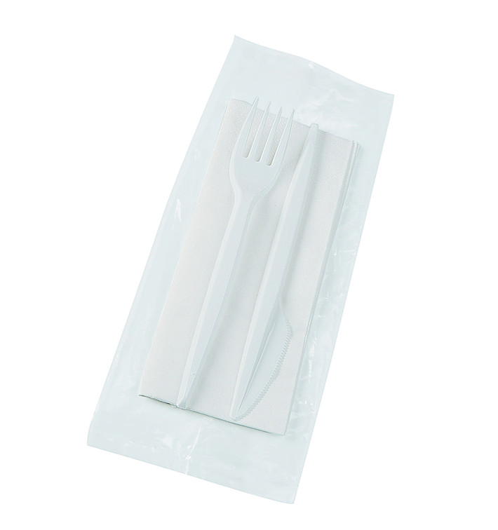 Plastic PS bestekset vork, mes en servet wit (250 stuks) Plastic PS bestekset vork, mes en servet wit (250 stuks)