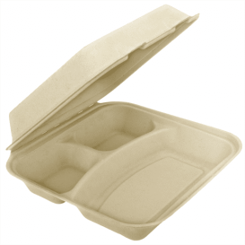 Suikerriet Gescharnierd Container "Menu Box" 3 Compartmenten 25x25x7,5cm (250 stuks)