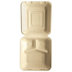 Suikerriet Gescharnierd Container "Menu Box" 3 Compartmenten Naturel 20x20x7,5cm (200 stuks)