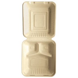 Suikerriet Gescharnierd Container "Menu Box" 3 Compartmenten Naturel 20x20x7,5cm (50 stuks) 