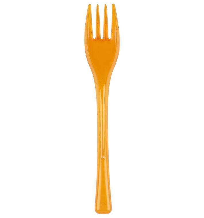 Plastic PS vork "Flen" oranje transparant 14cm (3000 stuks) Plastic PS vork "Flen" oranje transparant 14cm (3000 stuks)
