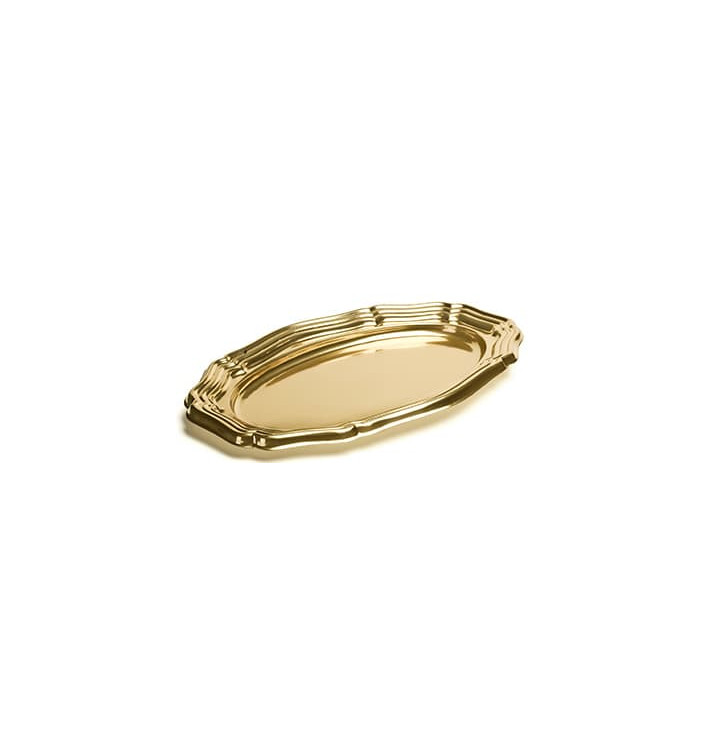 Plastic schotel Ovaal vormig goud 40x27 cm (50 stuks) Plastic schotel Ovaal vormig goud 40x27 cm (50 stuks)
