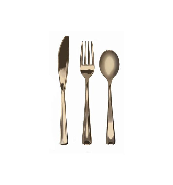Bestekset vork, mes en lepel goud gemetalliseerd (10 sets) Bestekset vork, mes en lepel goud gemetalliseerd (10 sets)