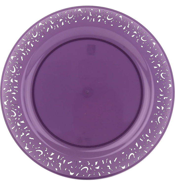 Plastic bord Rond vormig "Lace" aubergine kleur 19cm (4 stuks) Plastic bord Rond vormig "Lace" aubergine kleur 19cm (4 stuks)