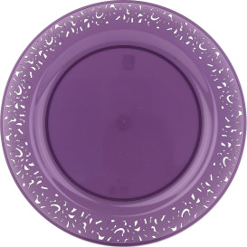 Plastic bord Rond vormig "Lace" aubergine kleur 23cm (4 stuks) 