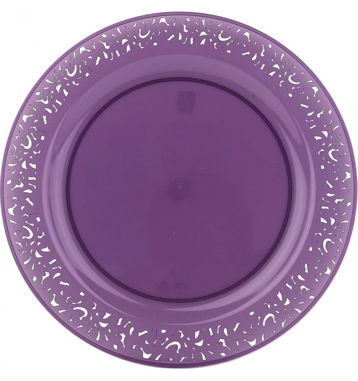 Plastic bord Rond vormig "Lace" aubergine kleur 23cm (4 stuks) 