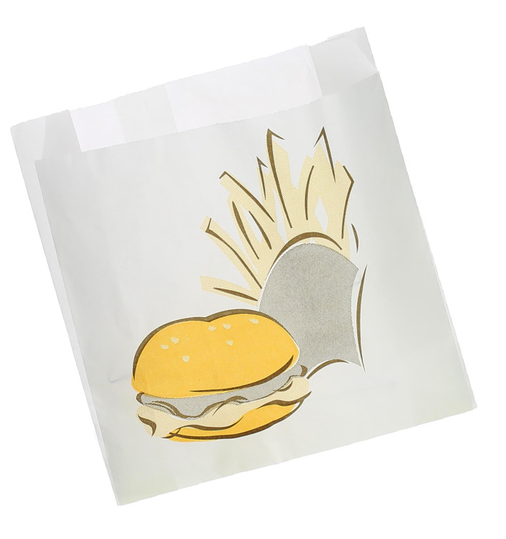 Papieren voedsel zak Vetvrij Burger Design 15+5x16cm (100 stuks) Papieren voedsel zak Vetvrij Burger Design 15+5x16cm (100 stuks)
