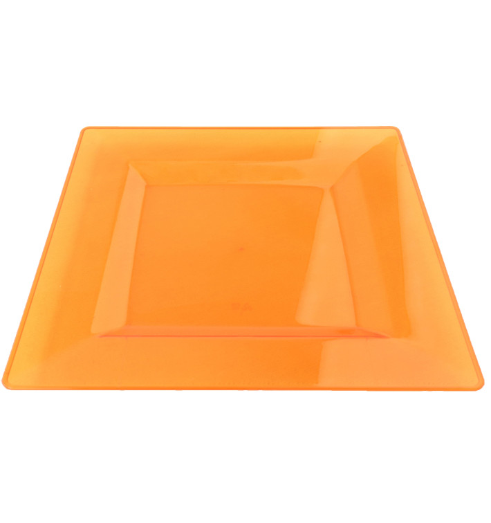 Plastic bord Vierkant extra sterk oranje 20x20cm (4 stuks) Plastic bord Vierkant extra sterk oranje 20x20cm (4 stuks)