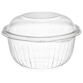 Plastic scharnierende Saladekom PET"Presentatiekom" hoog koepel Deksel 475ml (75 stuks) 