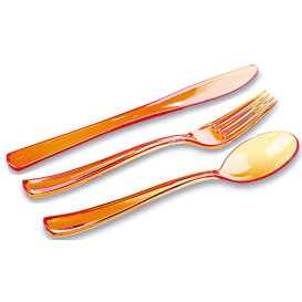 Plastic Bestekset vork, mes, lepel oranje (20 sets)