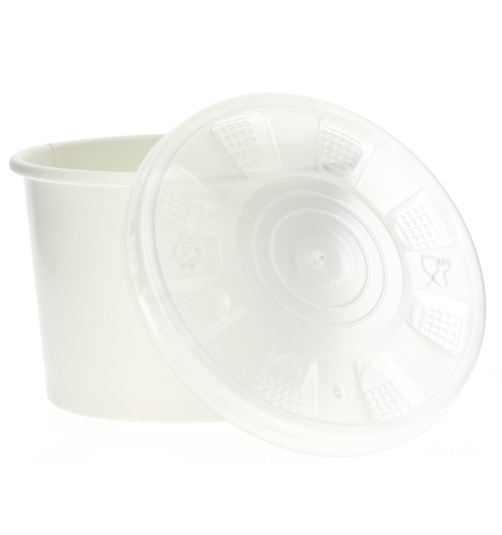 Papieren Container met Plastic Deksel wit PP 250ml (250 stuks) Papieren Container met Plastic Deksel wit PP 250ml (250 stuks)