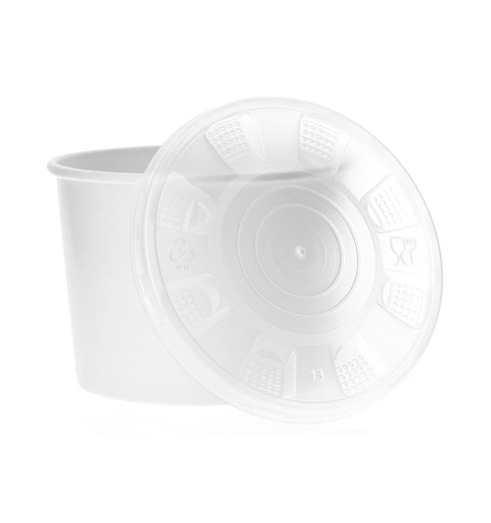Papieren Container met Plastic Deksel wit PP 350ml (50 stuks) Papieren Container met Plastic Deksel wit PP 350ml (50 stuks)