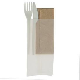 Stof gebaseerd op Maizena PLA bestekset : vork+ lepel + mes + servet CPLA (10 stuks)