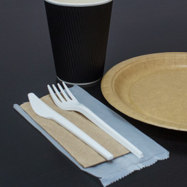 Stof gebaseerd op Maizena PLA bestekset : vork+ lepel + mes + servet CPLA (10 stuks)