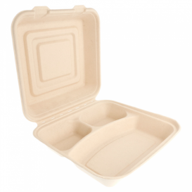 Suikerriet Gescharnierd Container "Menu Box" 3 Compartmenten 25x25x7,5cm (250 stuks)