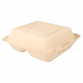 Suikerriet Gescharnierd Container "Menu Box" 3 Compartmenten Naturel 20x20x7,5cm (200 stuks)