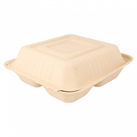 Suikerriet Gescharnierd Container "Menu Box" 3 Compartmenten Naturel 20x20x7,5cm (200 stuks)