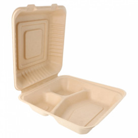 Suikerriet Gescharnierd Container "Menu Box" 3 Compartmenten Naturel 20x20x7,5cm (200 stuks)