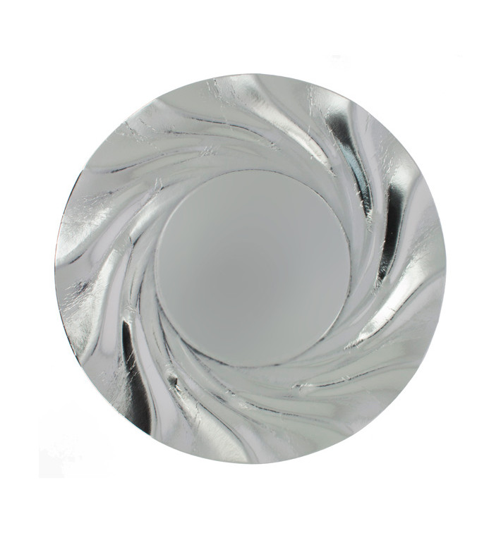 Papieren bord Rond vormig zilver "Acuario" 35cm (100 stuks) Papieren bord Rond vormig zilver "Acuario" 35cm (100 stuks)
