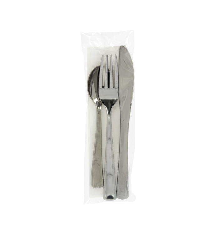 Plastic PS bestekset gemetalliseerd 3 stuks met servet (30 stuks) Plastic PS bestekset gemetalliseerd 3 stuks met servet (30 stuks)