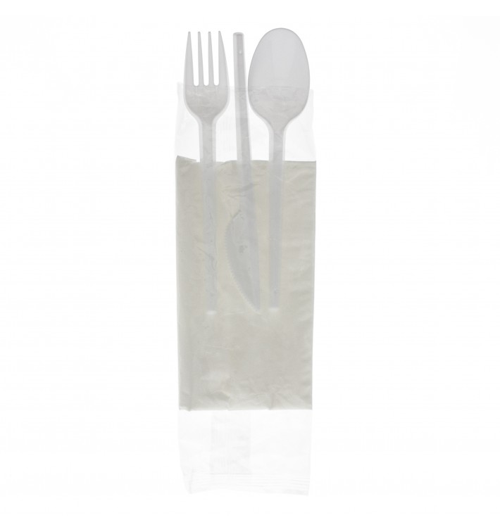 Plastic PS bestekset vork, lepel, mes en servet (250 stuks)