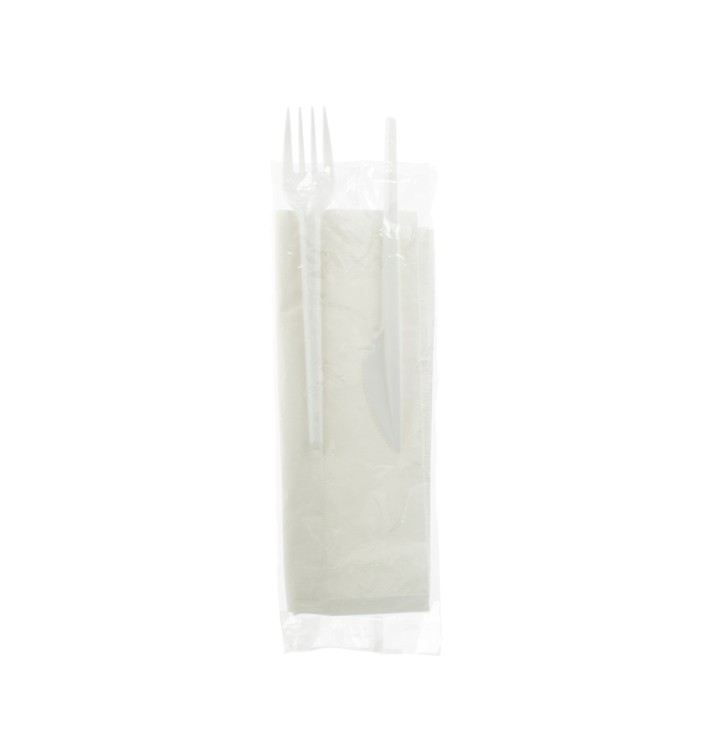 Plastic PS bestekset vork, mes en servet (25 stuks)
