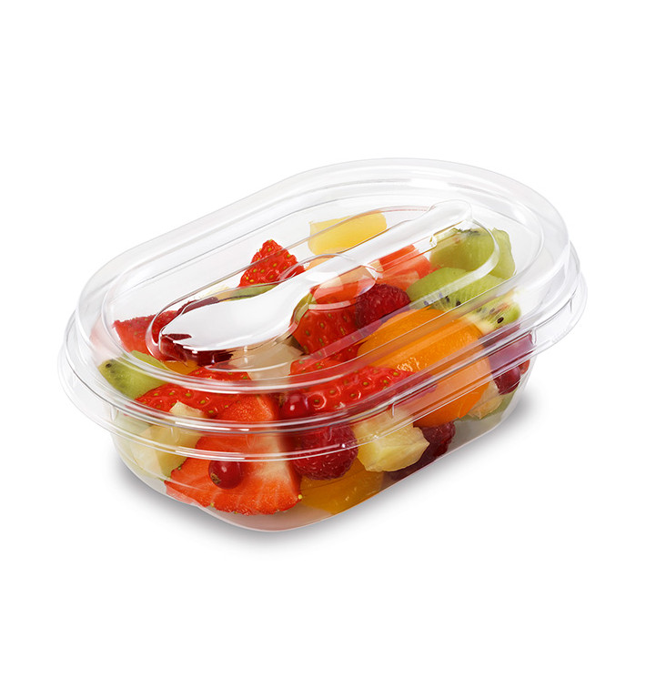 Plastic saladekom APET vormig met vork 370ml 19x14x6,4cm (400 stuks) Plastic saladekom APET vormig met vork 370ml 19x14x6,4cm (400 stuks)