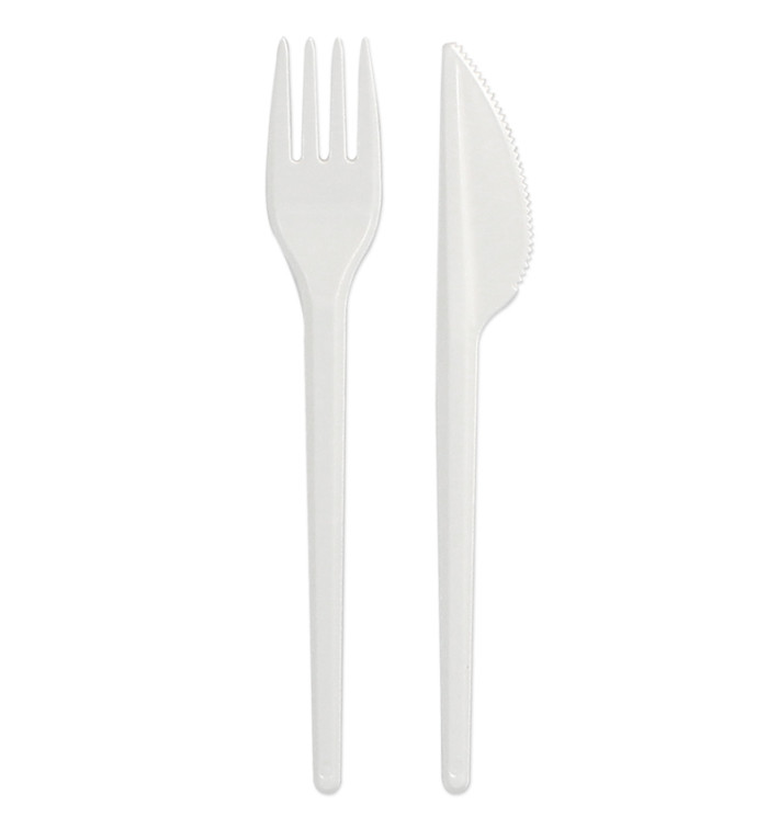 Plastic PS bestekset vork en mes wit (1.000 stuks) Plastic PS bestekset vork en mes wit (1.000 stuks)