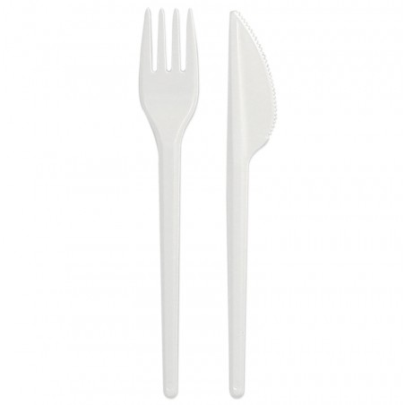 Plastic PS bestekset vork en mes wit (25 stuks)