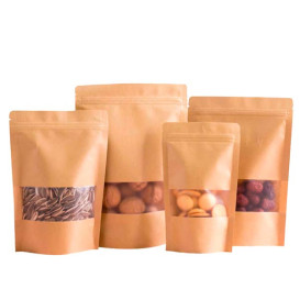 Papieren Doypack Kraft met zelfsluiting en venster 12+6x20cm (50 stuks)
