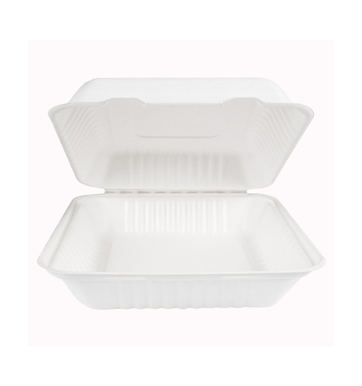 Suikerriet Gescharnierd Container + PLA wit 23x23x7,5cm (200 stuks) Suikerriet Gescharnierd Container + PLA wit 23x23x7,5cm (200 stuks)