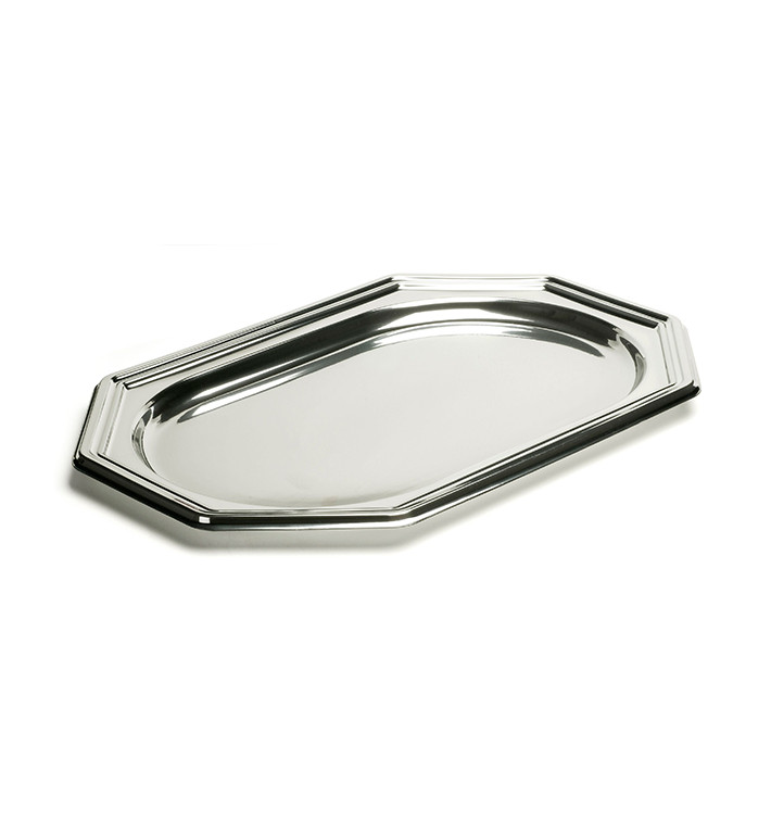 Plastic dienblad Achthoekige vorm zilver 36x24 cm (5 stuks) Plastic dienblad Achthoekige vorm zilver 36x24 cm (5 stuks)