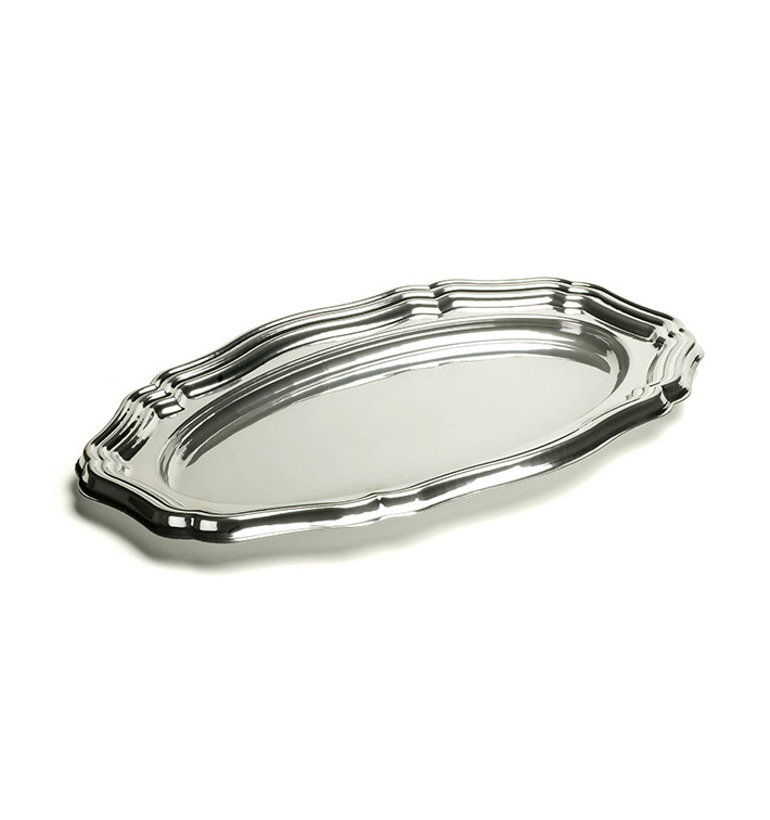 Plastic schotel Ovaal vormig zilver 40x27 cm (5 stuks) Plastic schotel Ovaal vormig zilver 40x27 cm (5 stuks)