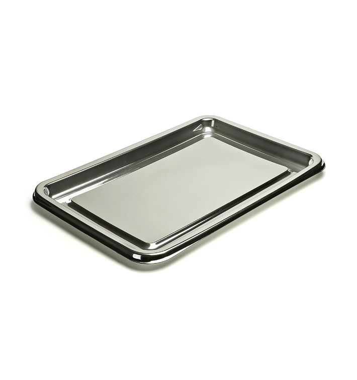 Plastic schotel Rechthoekige vorm zilver 46X30 cm (5 stuks) Plastic schotel Rechthoekige vorm zilver 46X30 cm (5 stuks)