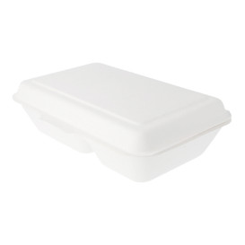 Suikerriet Gescharnierd Container "Menu Box" 2 Compartmenten wit 22,5x16,5x6,4cm (50 stuks) 