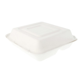 Suikerriet Gescharnierd Container "Menu Box" wit 3 Compartmenten 25x25x7,5cm (50 stuks) 