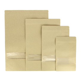 Papieren Doypack Kraft met zelfsluiting en venster 12+6x20cm (50 stuks)