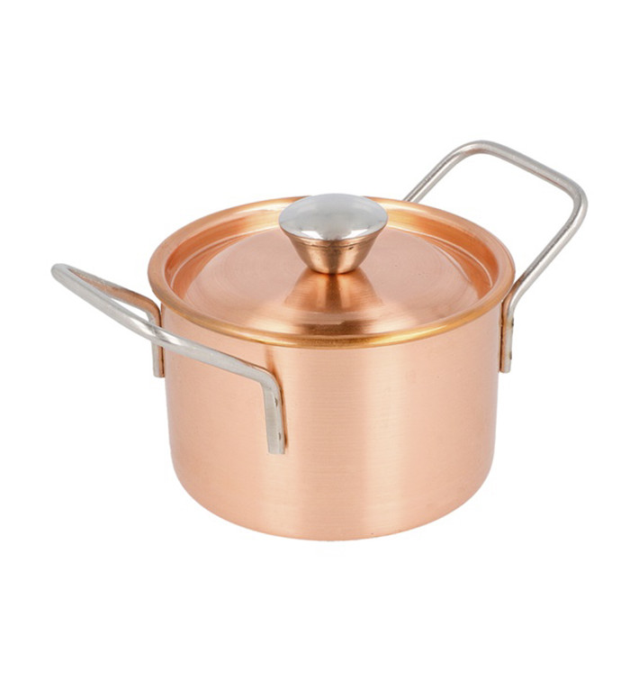 Bediening mini kookpot dienblad kom met Deksel van staal koper Ø9x6cm (6 stuks) Bediening mini kookpot dienblad kom met Deksel van staal koper Ø9x6cm (6 stuks)