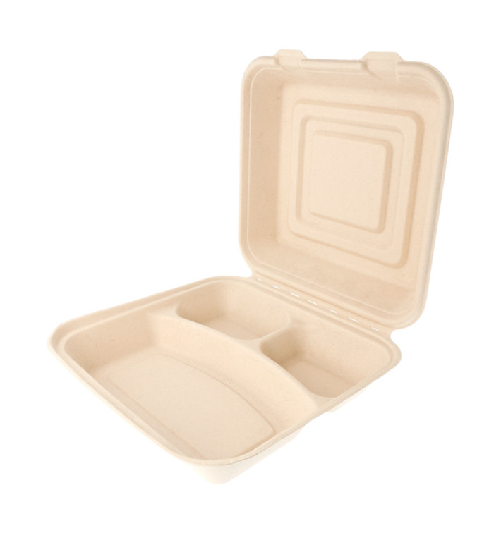 Suikerriet Gescharnierd Container "Menu Box" 3 Compartmenten 25x25x7,5cm (50 stuks) Suikerriet Gescharnierd Container "Menu Box" 3 Compartmenten 25x25x7,5cm (50 stuks)