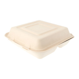 Suikerriet Gescharnierd Container "Menu Box" 3 Compartmenten 25x25x7,5cm (250 stuks)