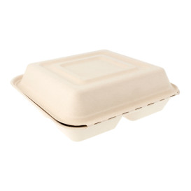 Suikerriet Gescharnierd Container "Menu Box" 3 Compartmenten 25x25x7,5cm (250 stuks)