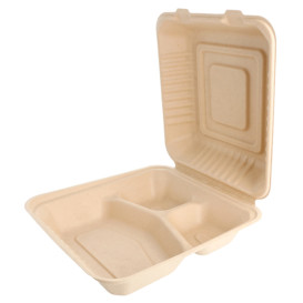 Suikerriet Gescharnierd Container "Menu Box" 3 Compartmenten Naturel 20x20x7,5cm (200 stuks)