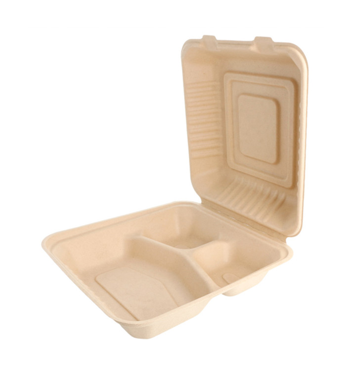 Suikerriet Gescharnierd Container "Menu Box" 3 Compartmenten Naturel 20x20x7,5cm (200 stuks)